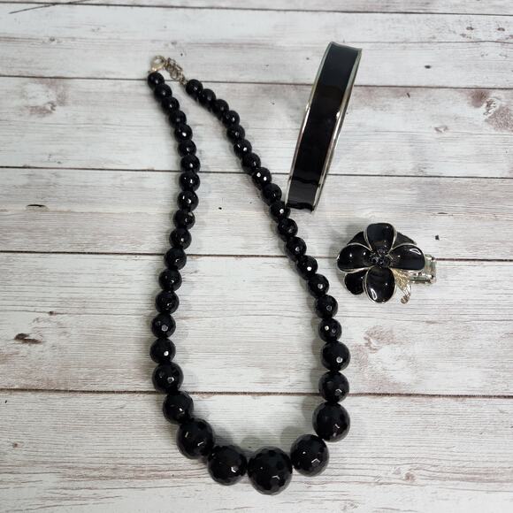Vintage Set Black and Silver Necklace, Ring and Bracelet - Picture 1 of 10